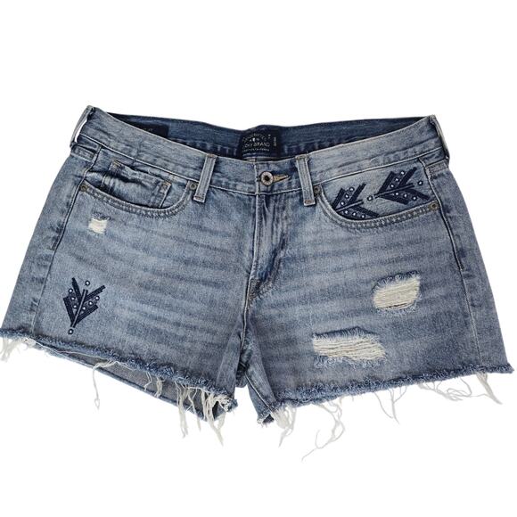 Lucky Brand‎ The Cut Off Shorts Embroidered Arrows Boho Distressed Denim Size 10 - Picture 1 of 9